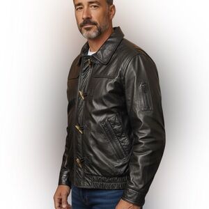 Greg Bell Men's Size M Soft Genuine Leather Black Bomber Jacket